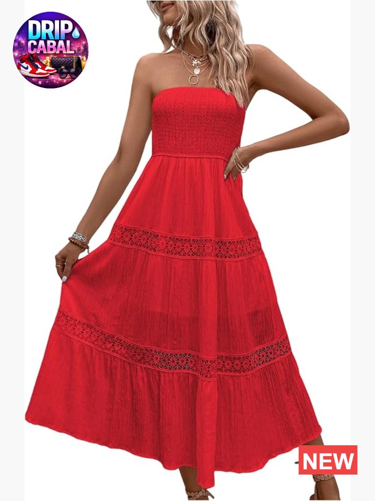 Strapless Ruffle Hem Midi Dress, Soft Rayon Fabric, Boho Style